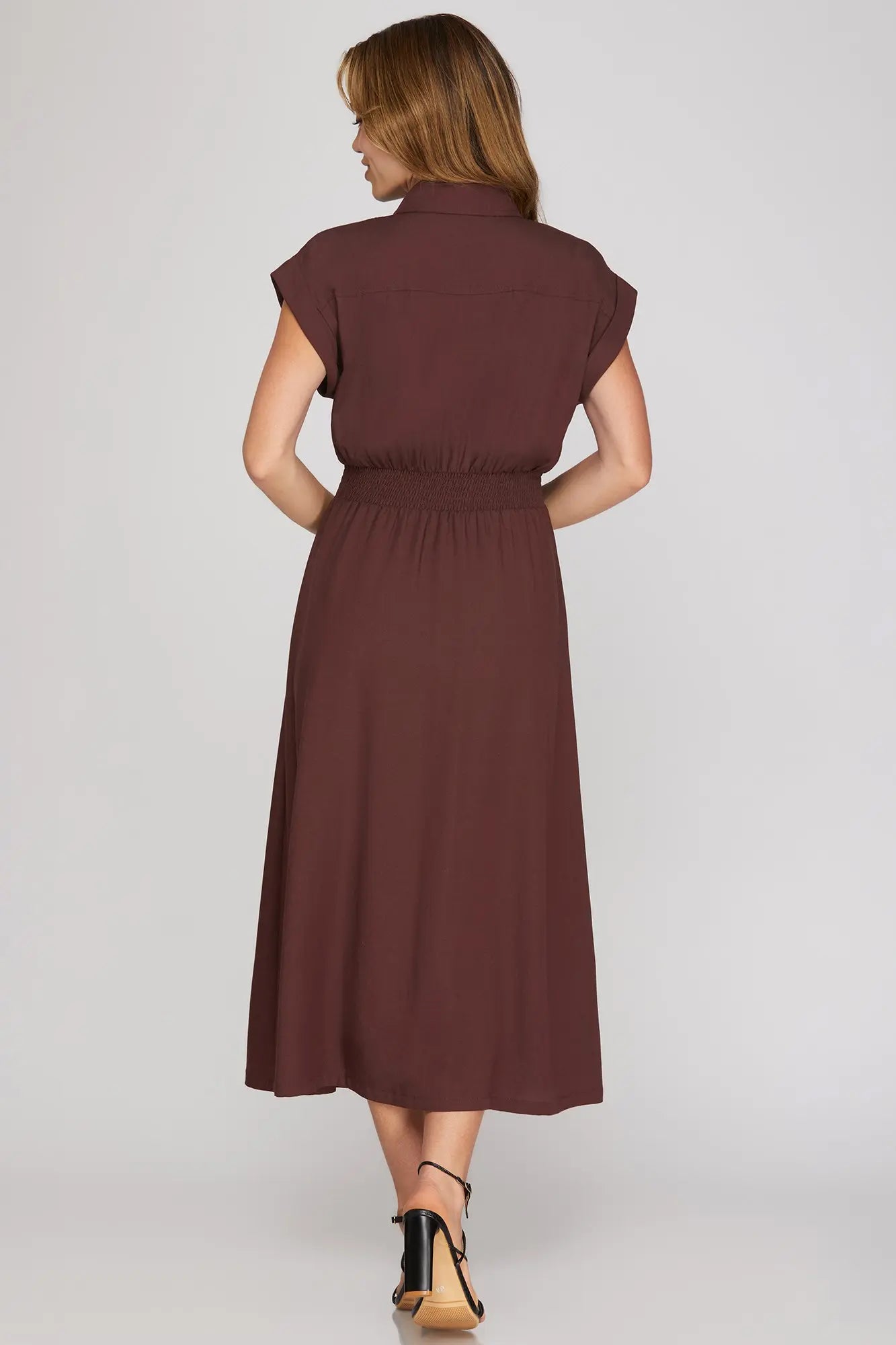 DROP SLEEVE WOVEN COLLARED ZIP UP MIDI DRESS WITH POCKETS