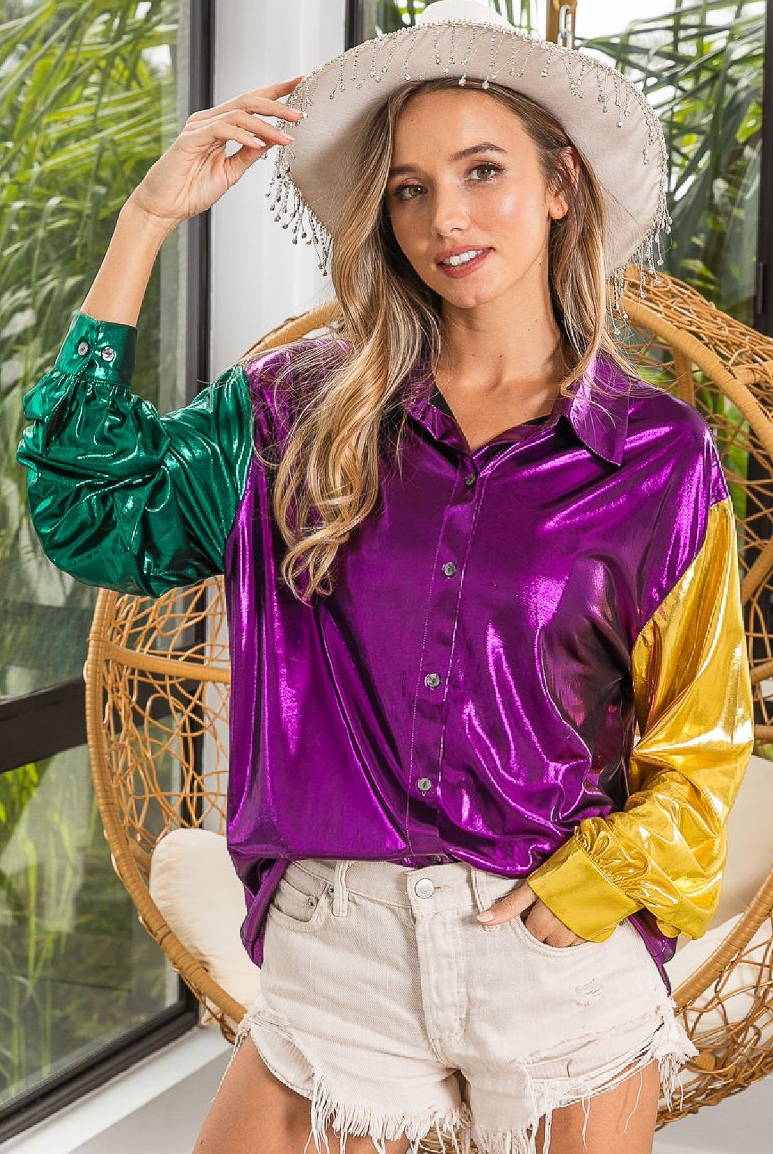 Mardi Gras Metallic Silky Shirt Top