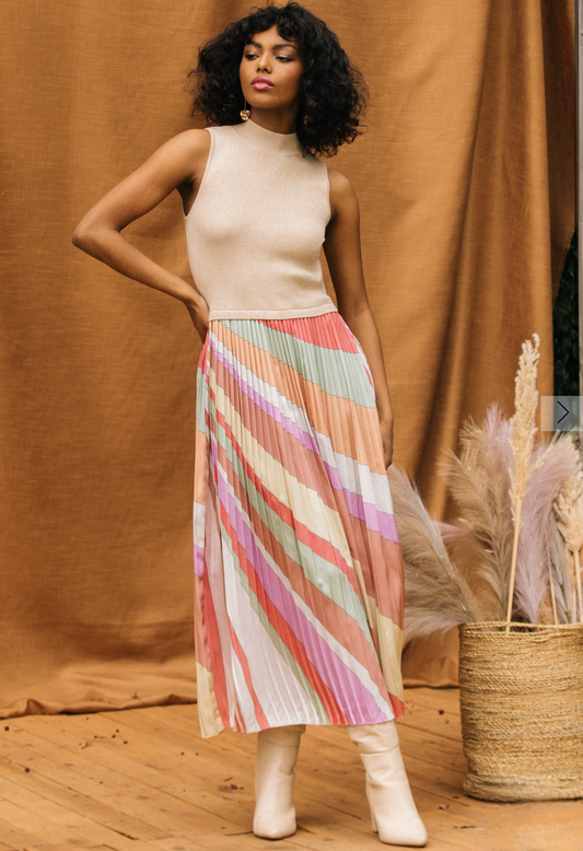 SATIN PLEATED MIDI DRESS