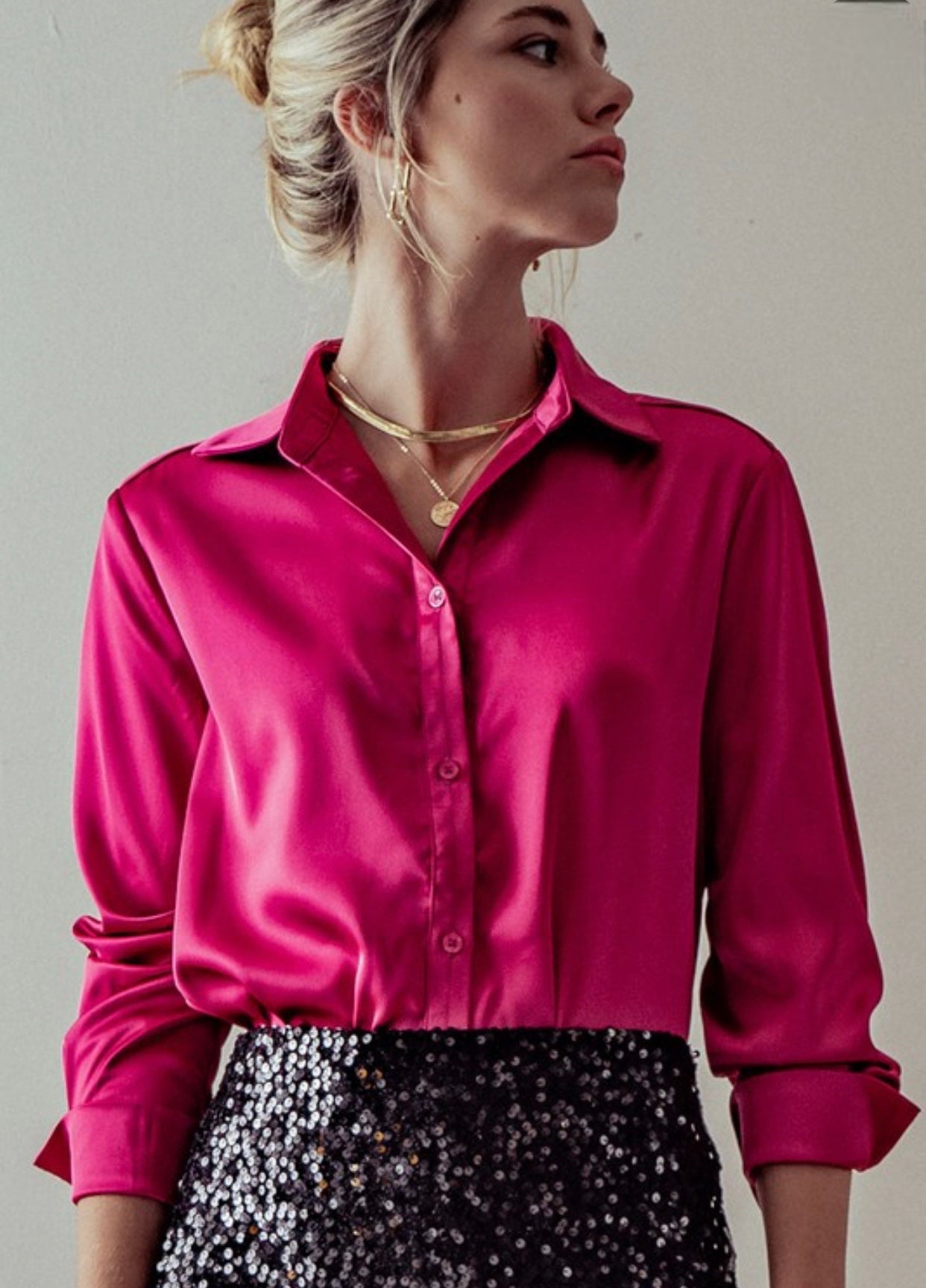 Button Down Silky Blouse Magenta