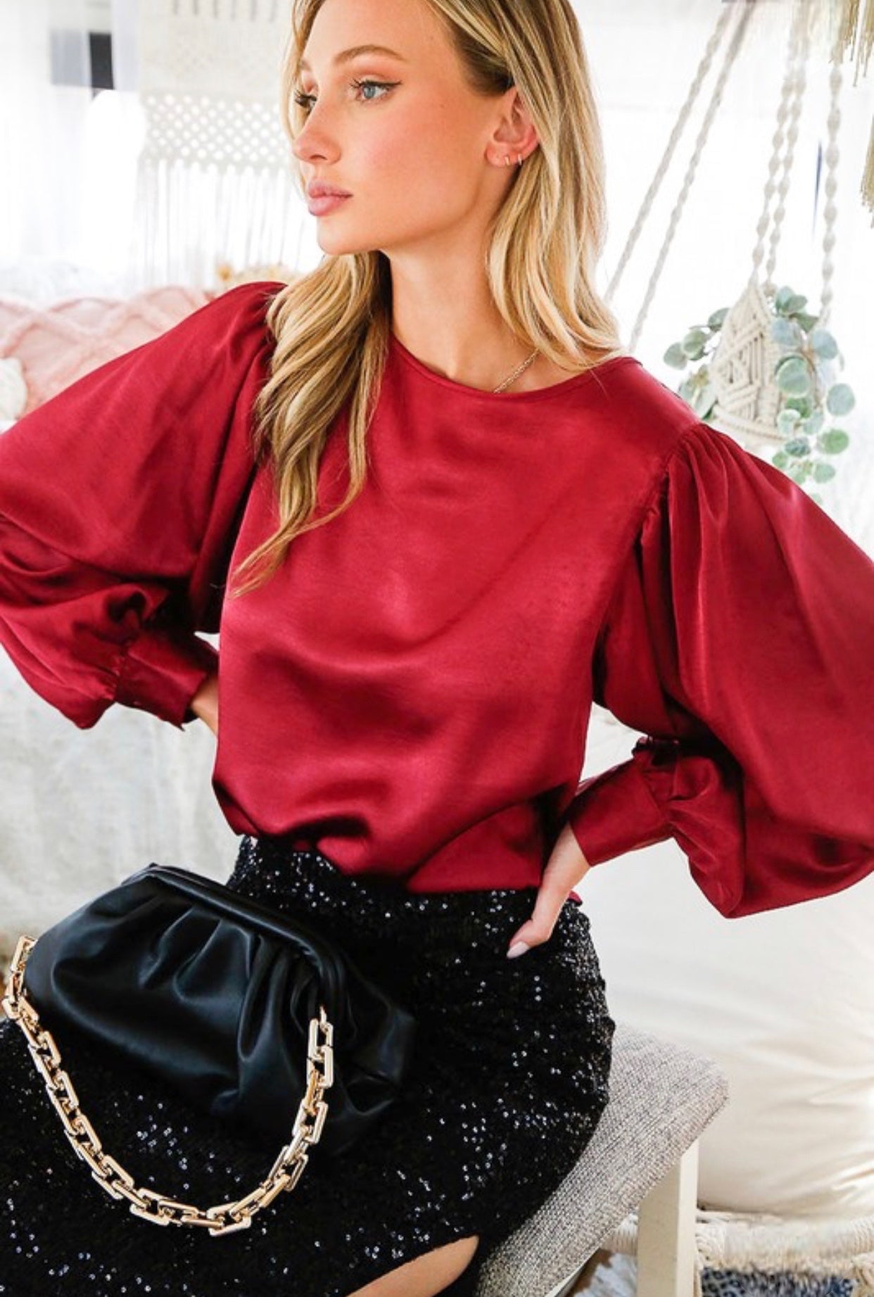 Satin Balloon Sleeve Blouse Burgundy