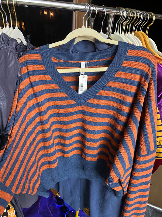 Blue Orange Stripe Cropped Sweater