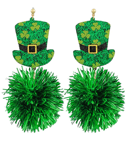 Glitter Leprechaun Hat Pom Pom Earrings