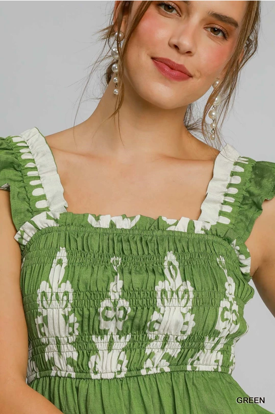 Abstract Smocked Midi Dress