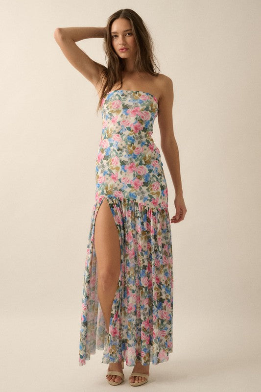 Floral Mesh Strapless Maxi Dress