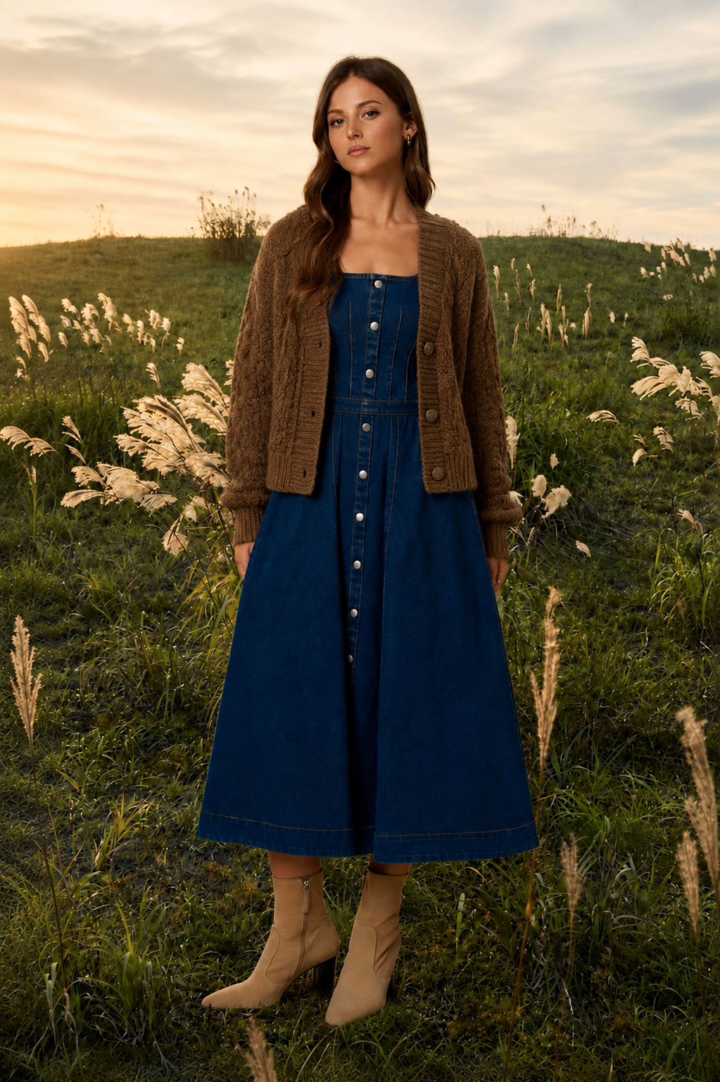 BUTTON DOWN SEAM DETAIL DENIM MIDI DRESS