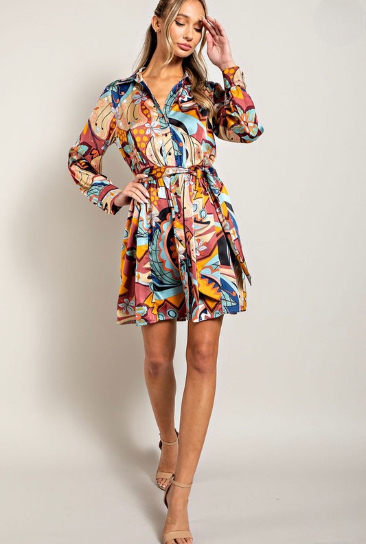 Abstract Print Tie Waist Mini Dress