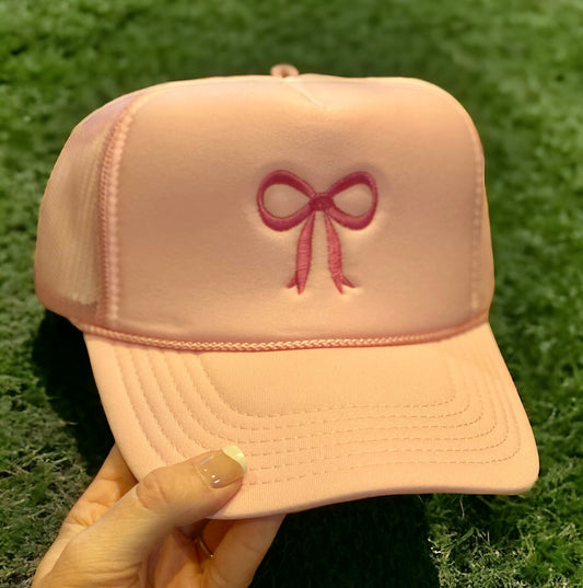 Embroidered Bow Pink Trucker Hat