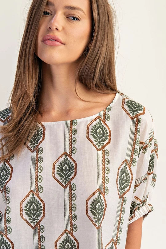 Geometric Floral Printed Elastic Cuff Blouse