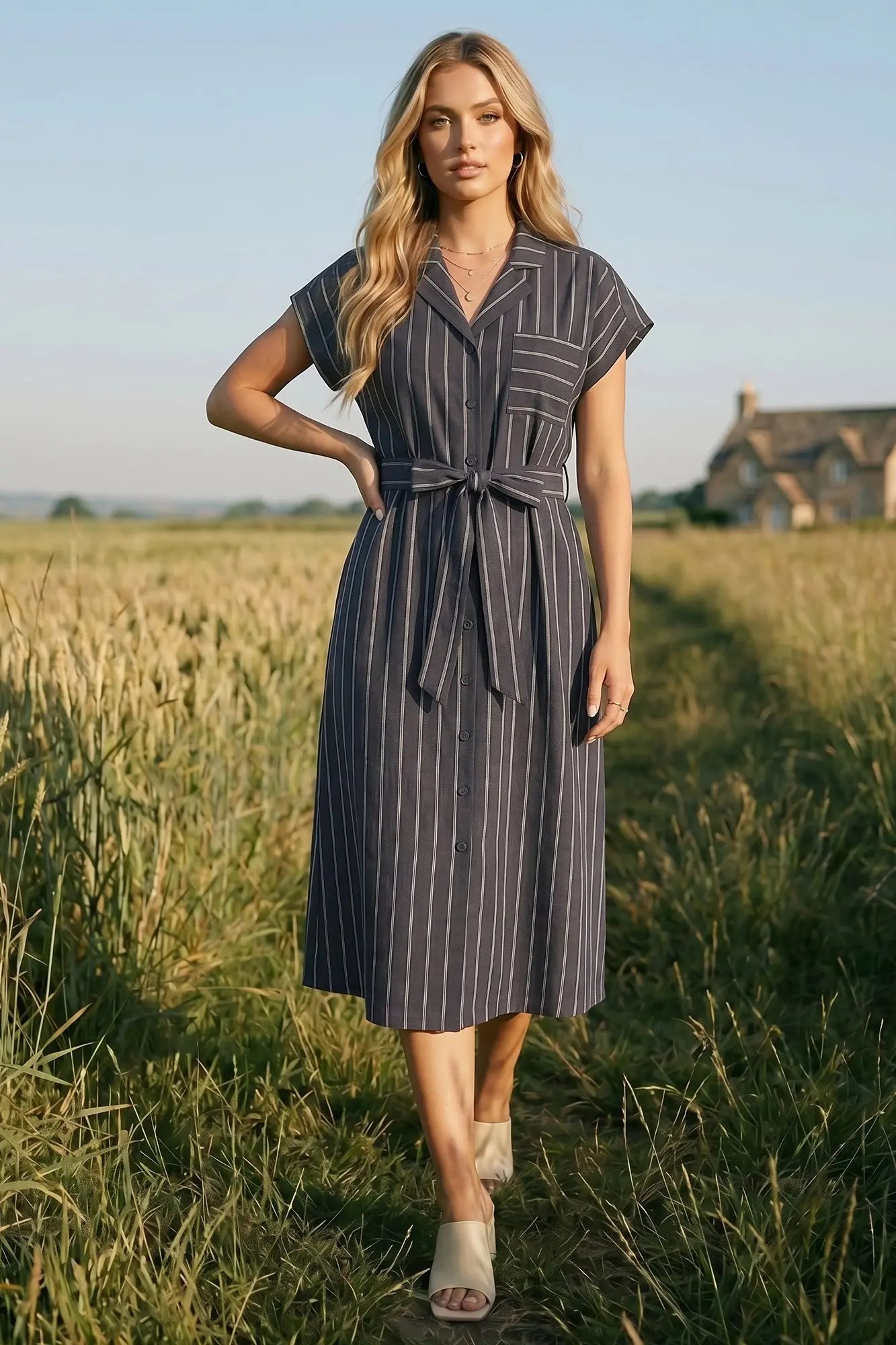 DROP SHORT SLEEVE WOVEN STRIPED BUTTON DOWN MIDI DRESS WITH WAIST TIE AND POCKETS
