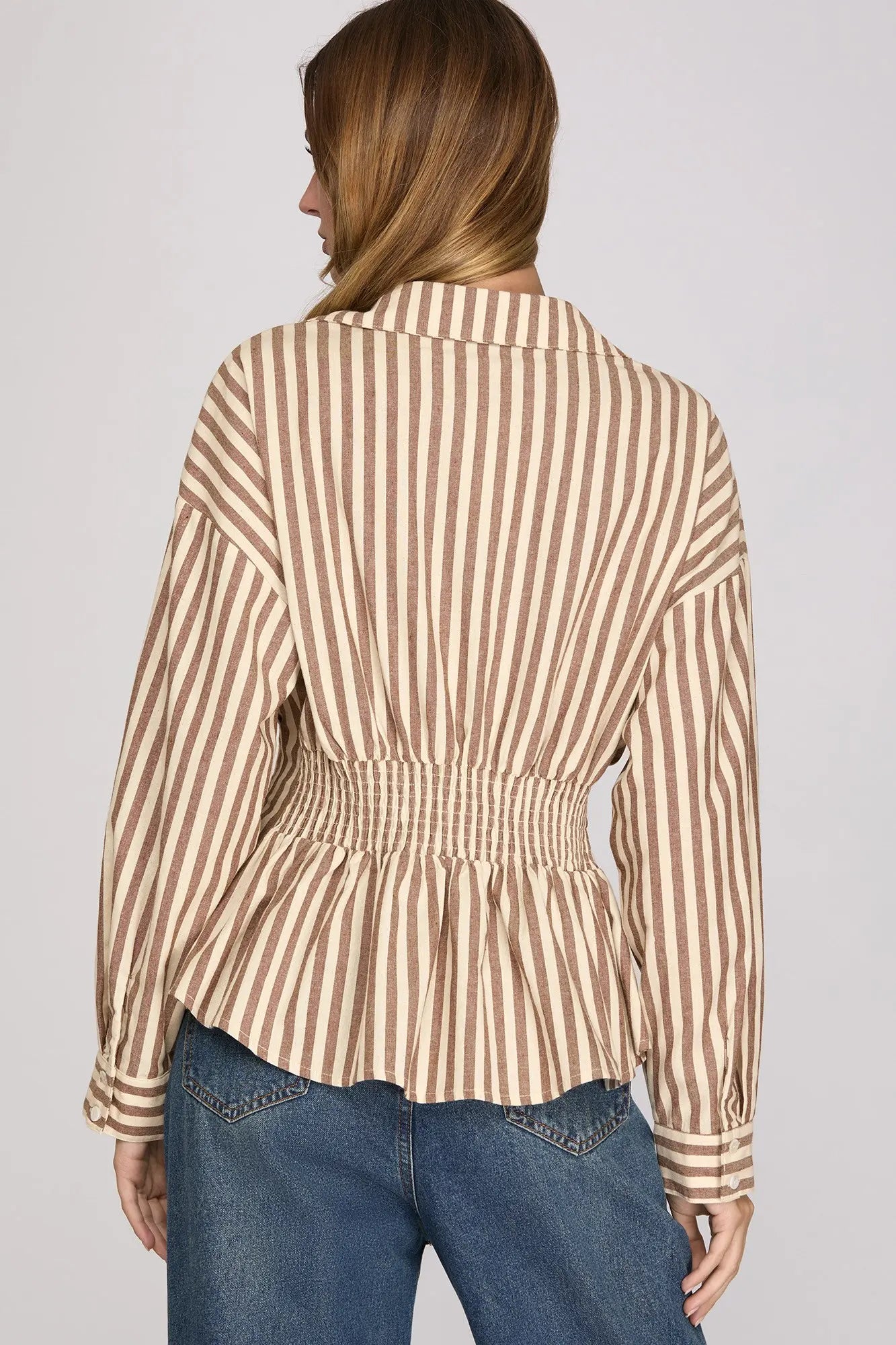 LONG SLEEVE FRONT WAIST PINTUCK BACK SMOCKING WOVEN STRIPE BUTTON DOWN SHIRT