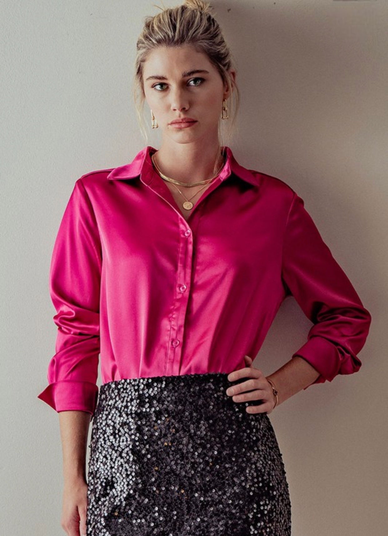 Button Down Silky Blouse Magenta