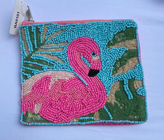 Flamingo Beaded Coin Pouch