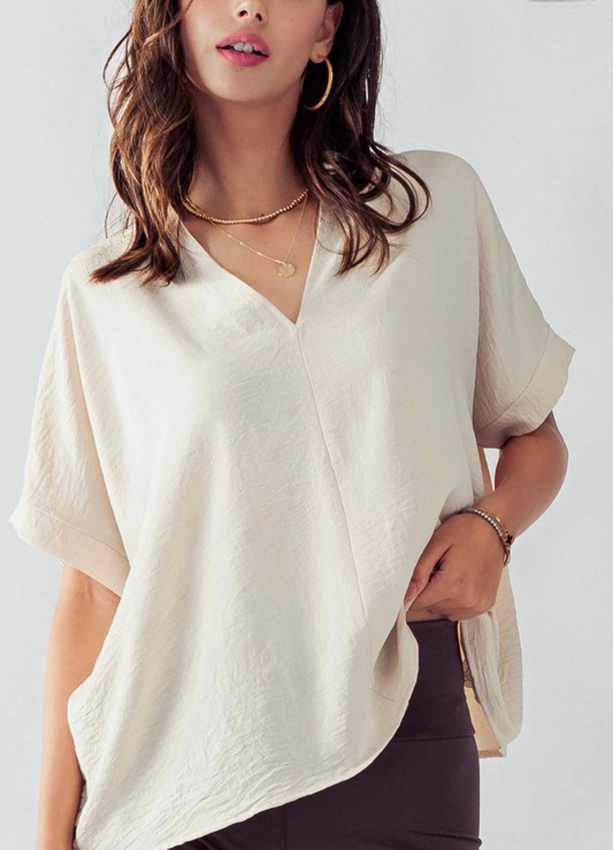 V Neck Short Sleeve Top Seed Pearl