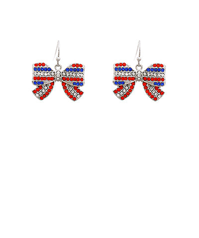 American Flag Crystal Bow Earrings * Crystal * Fish Hook * 1"L