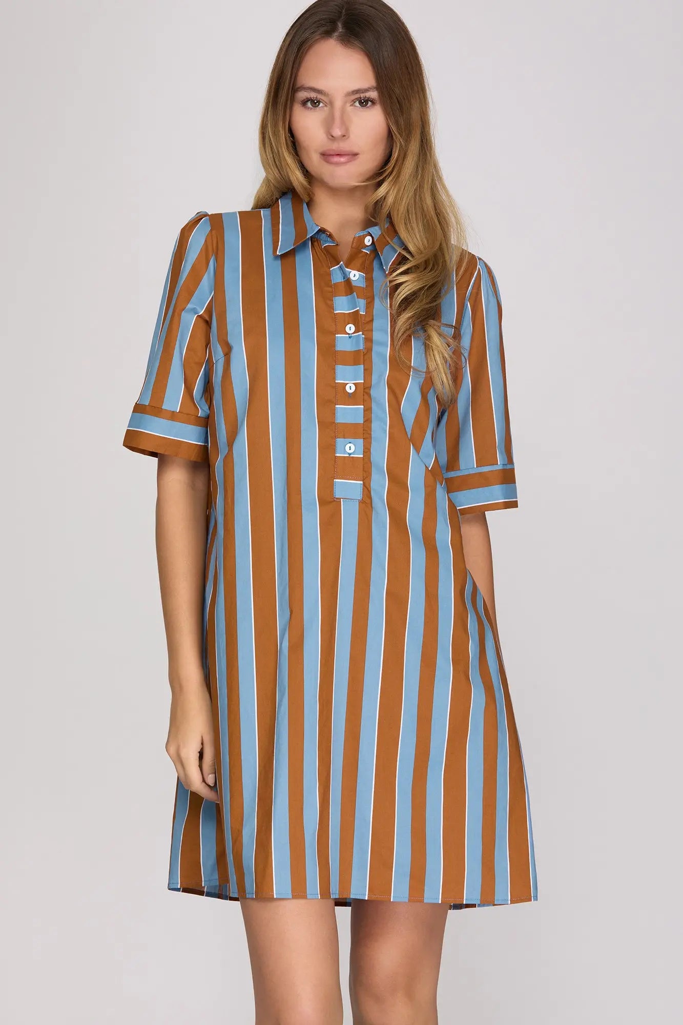 SHORT SLEEVE STRIPED MINI DRESS WITH POCKETS