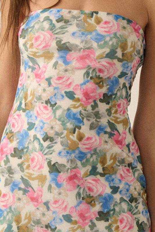 Floral Mesh Strapless Maxi Dress