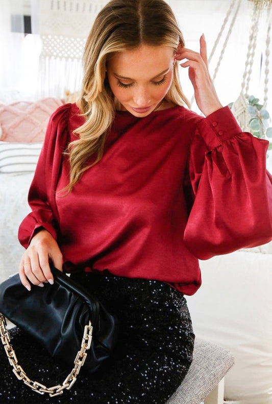 Satin Balloon Sleeve Blouse Burgundy