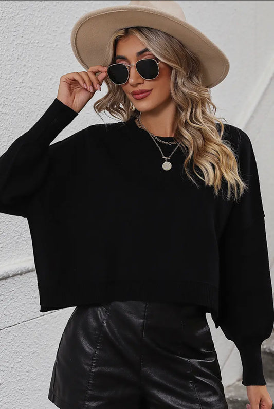 Ribbed Fitted Sleeve Knit Top Black