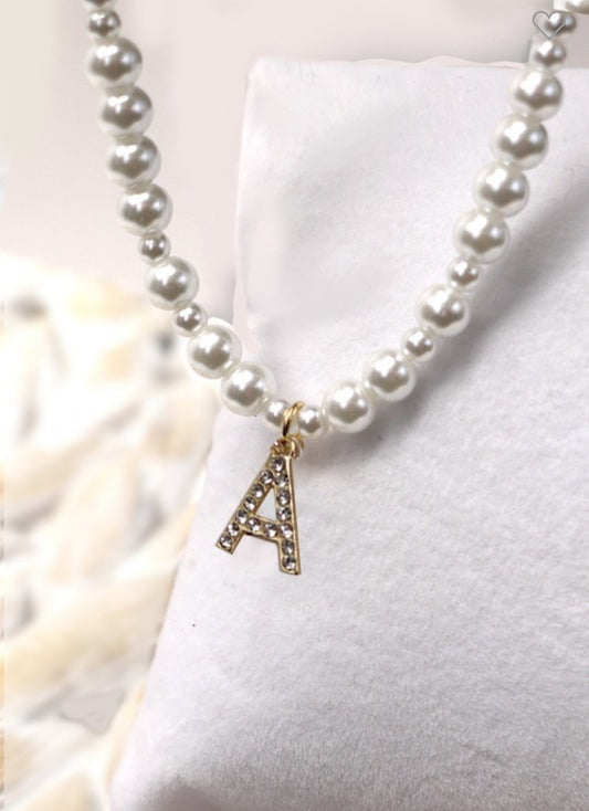 Glass Pearl Initial Necklace A