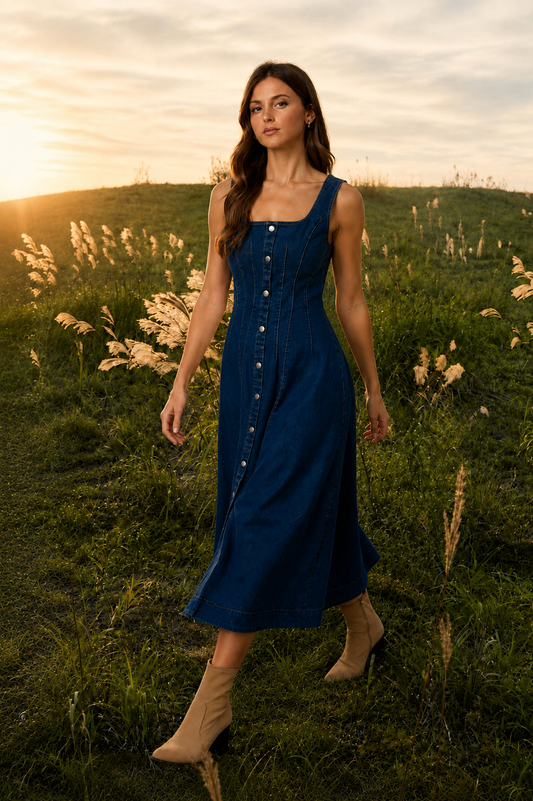 BUTTON DOWN SEAM DETAIL DENIM MIDI DRESS