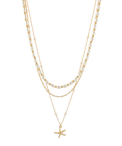 Layered Starfish &amp; Rice Pearl Triple Necklace
