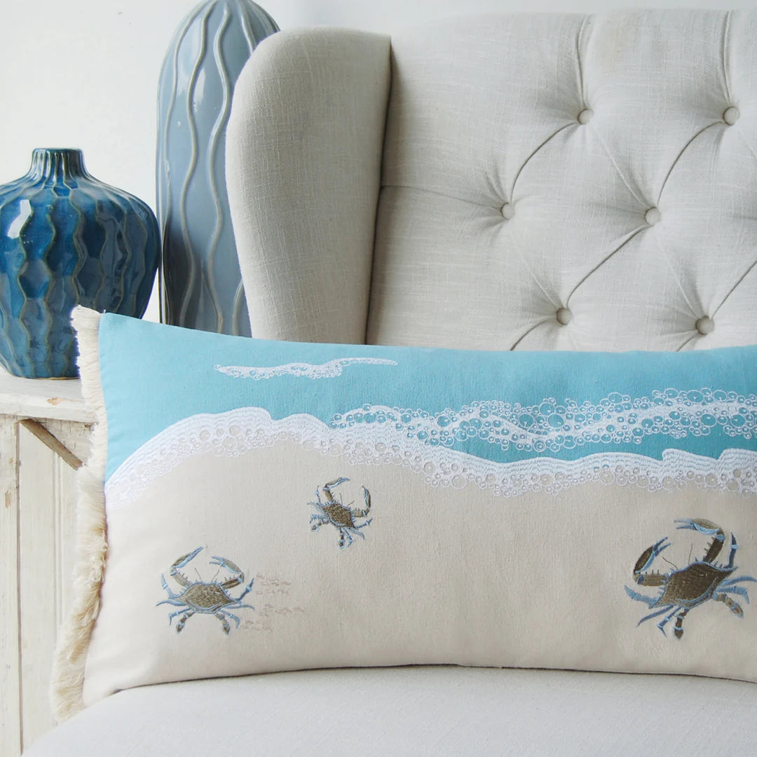 Crab with Waves Fringed Lumbar Indoor Pillow