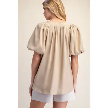 V-Neck Placket Balloon Sleeve Top