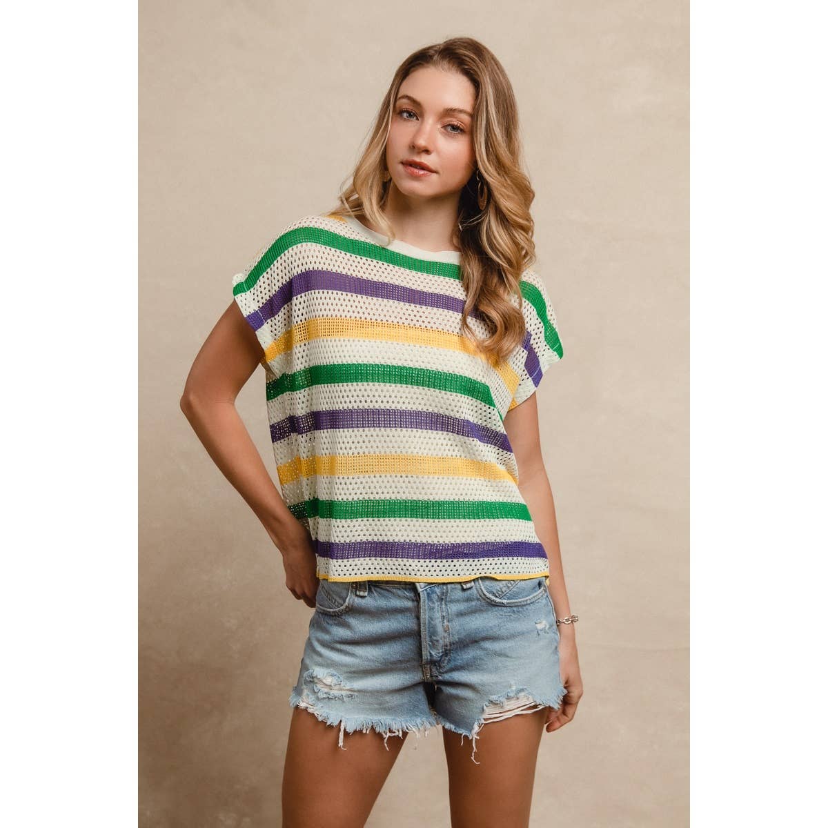 MARDI GRAS STRIPES SHORT DOLMAN SLEEVE KNIT TOP