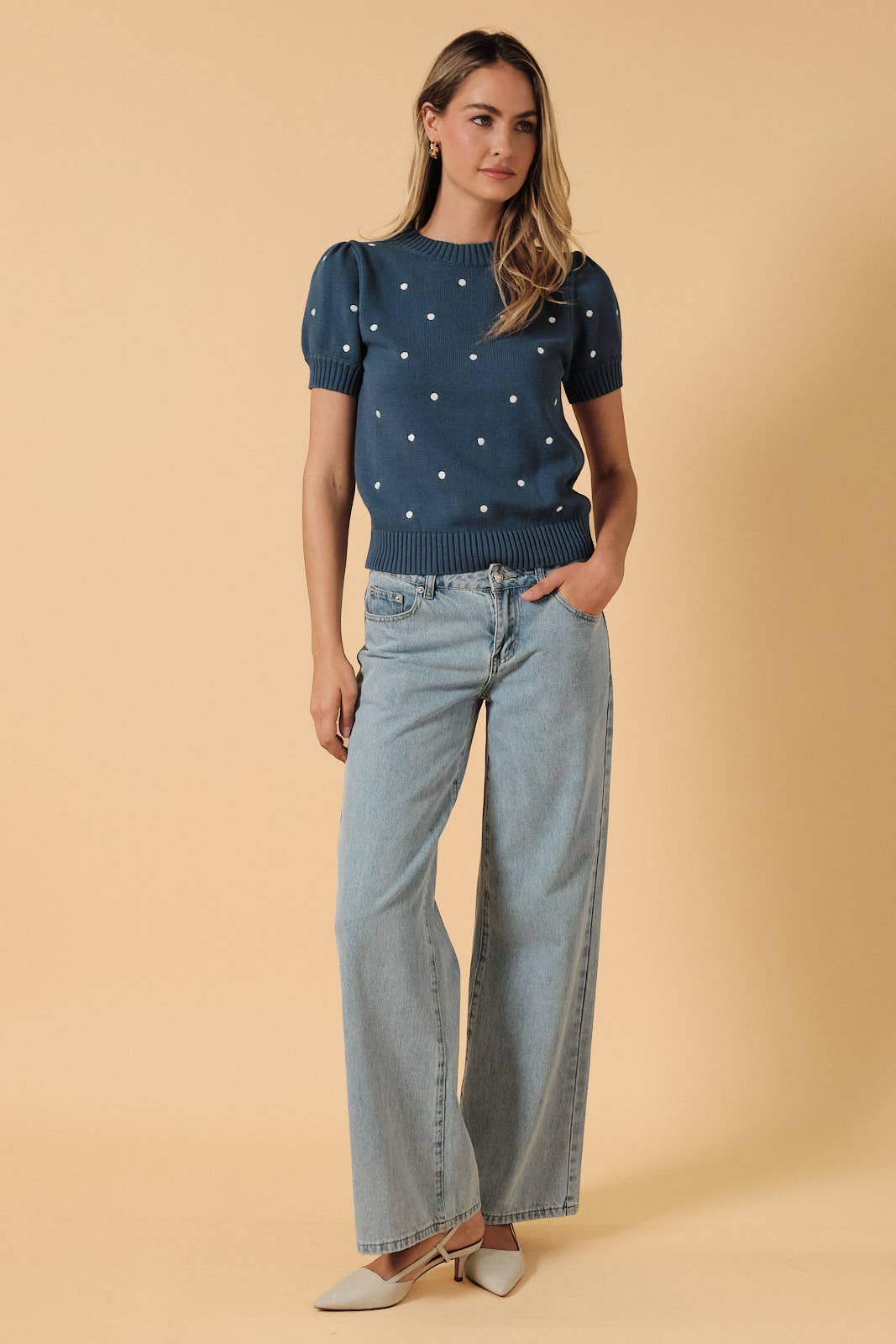 Round Neck Puff Short Sleeve Polka Dot Embroidered Sweater