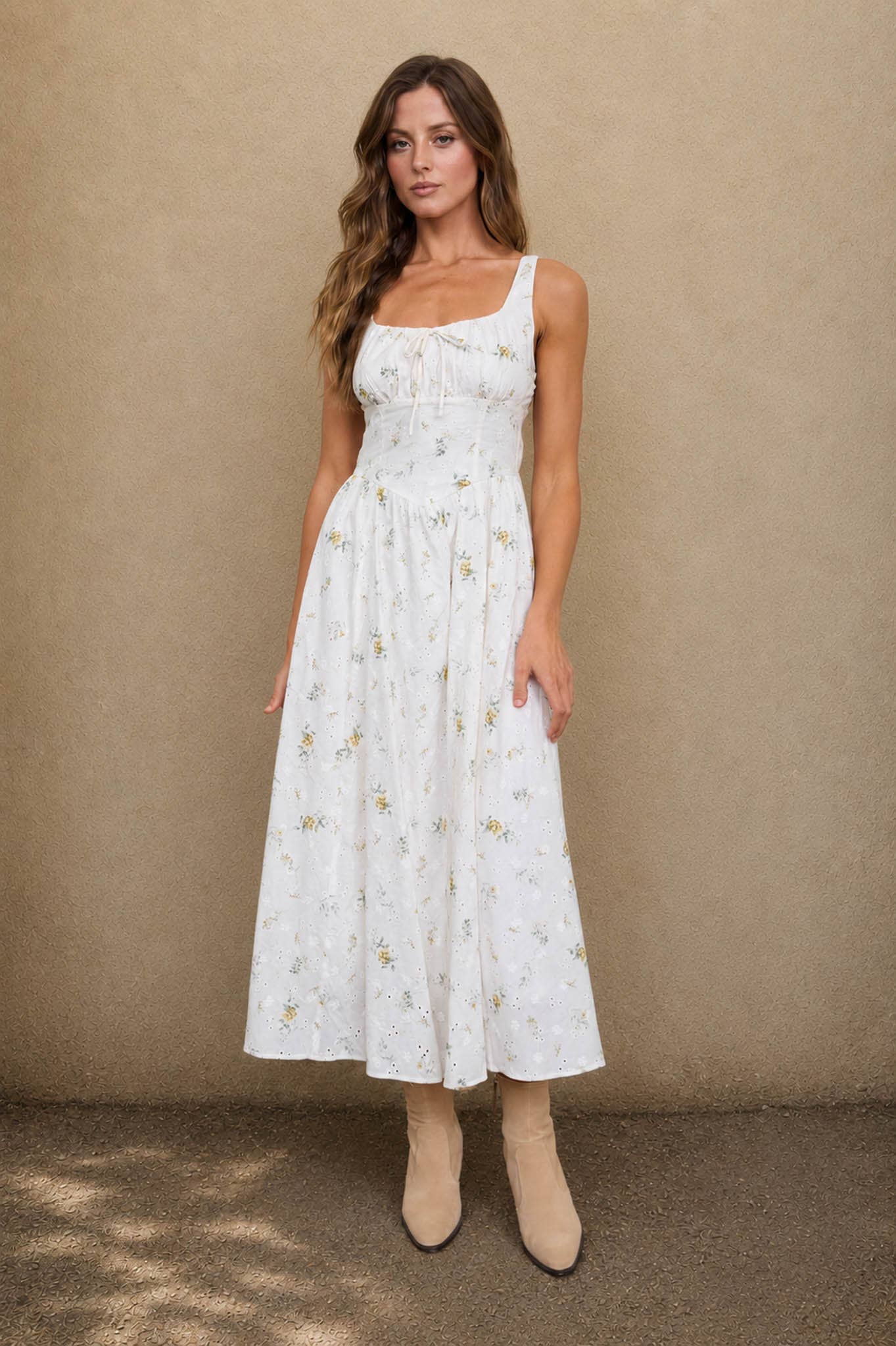 FLORAL EYELET TIE FRONT CORSET MIDI DRESS