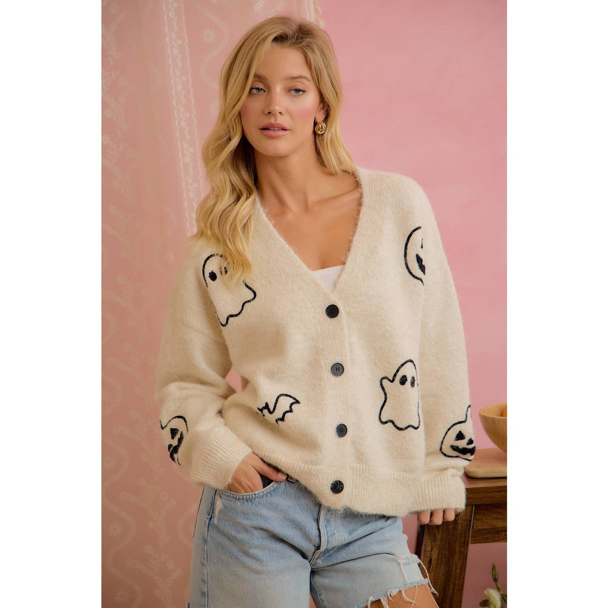 Halloween Ghost Pumpkin Button Cardigan