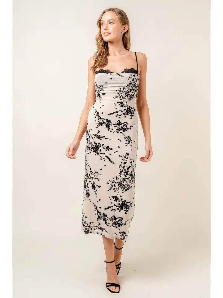 Lace Burn Out Velvet Floral Mesh Midi DRESS-
