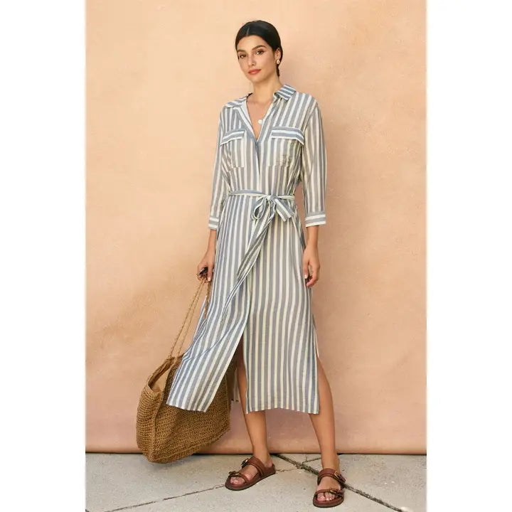 Nautical Stripe Belted Maxi Shirt Dress
