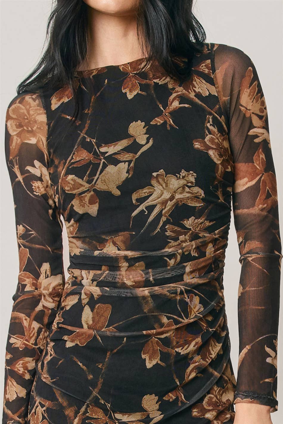 Floral Mesh Ruched Midi Dress