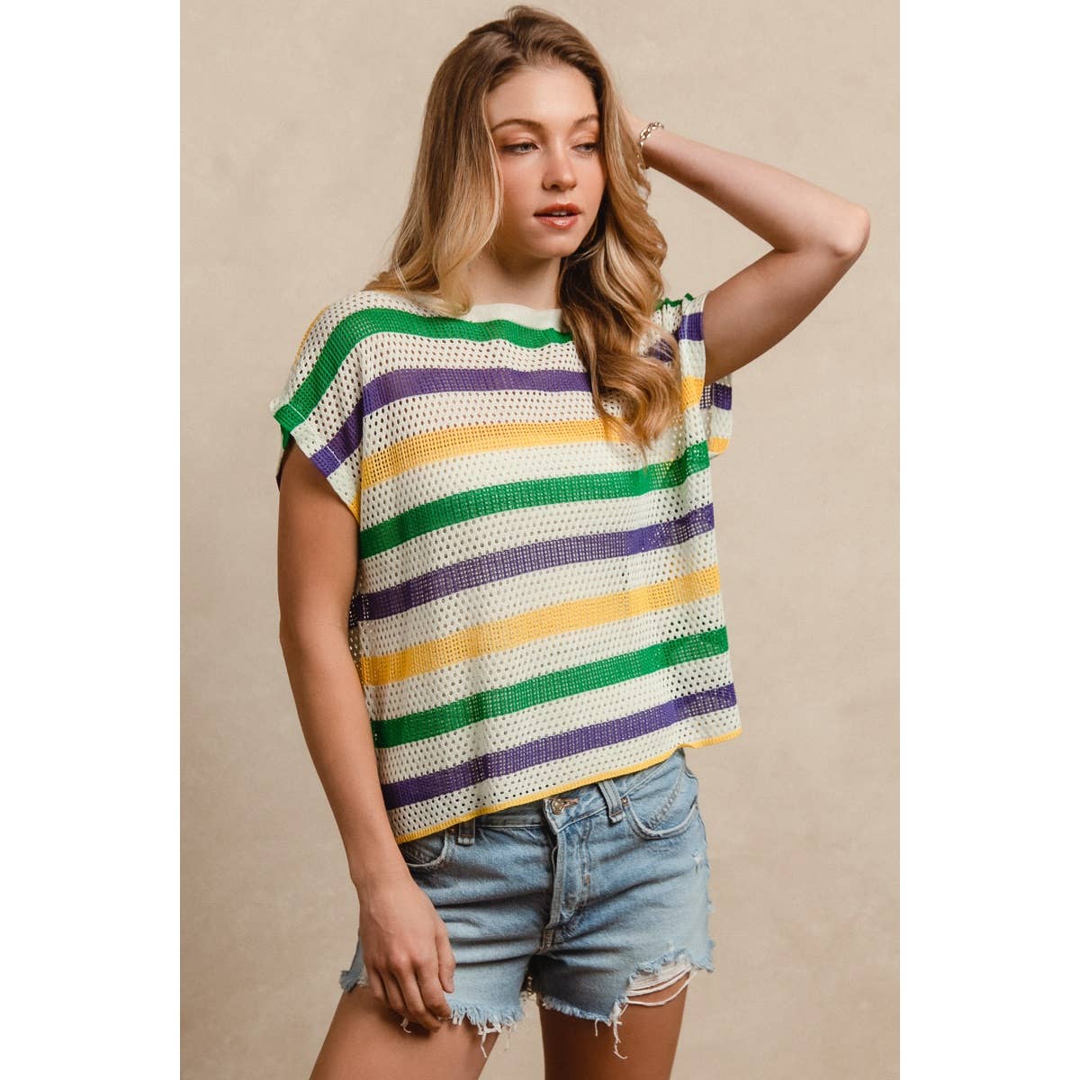 MARDI GRAS STRIPES SHORT DOLMAN SLEEVE KNIT TOP