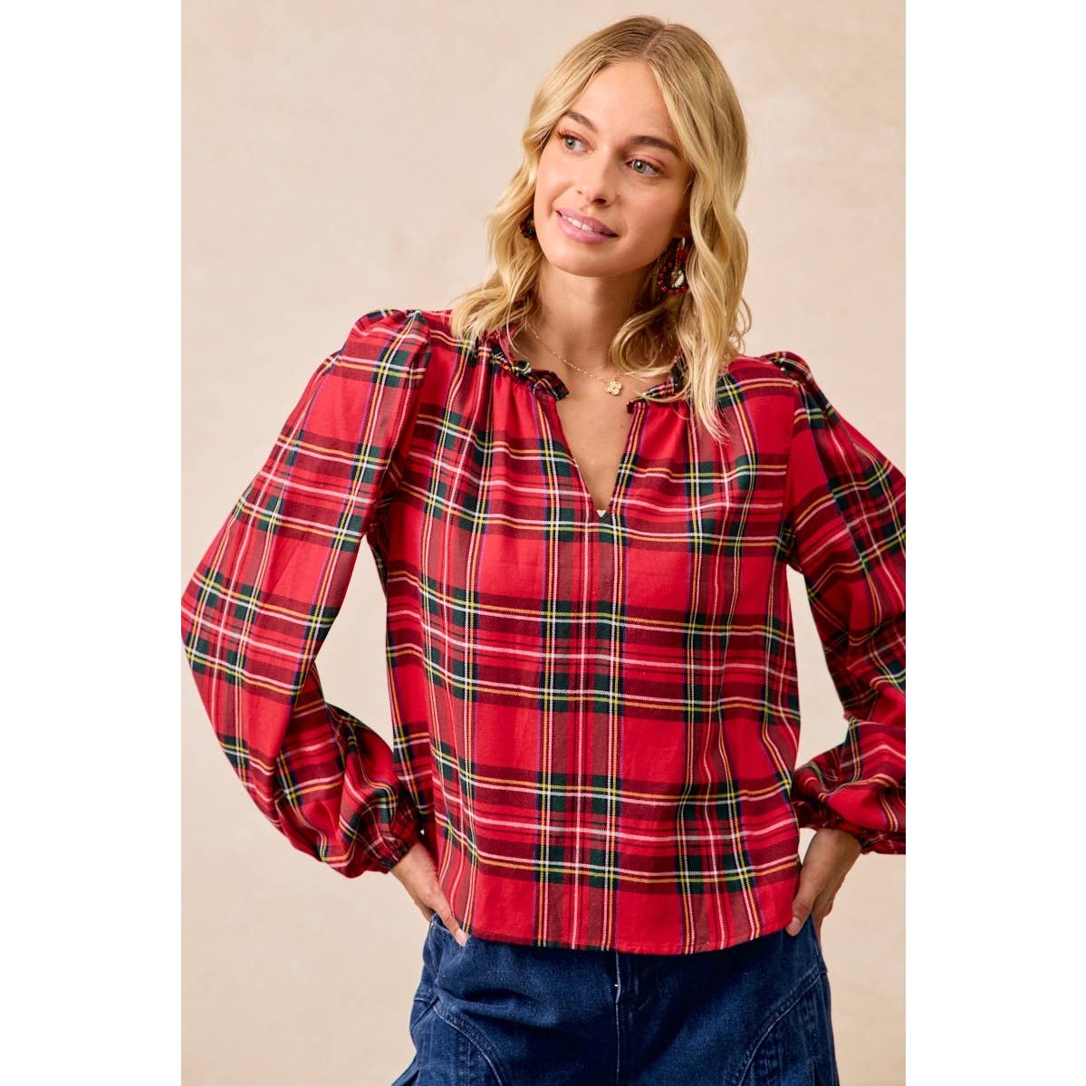 Christmas Plaid Balloon Sleeves Ruffled V-Neck Top