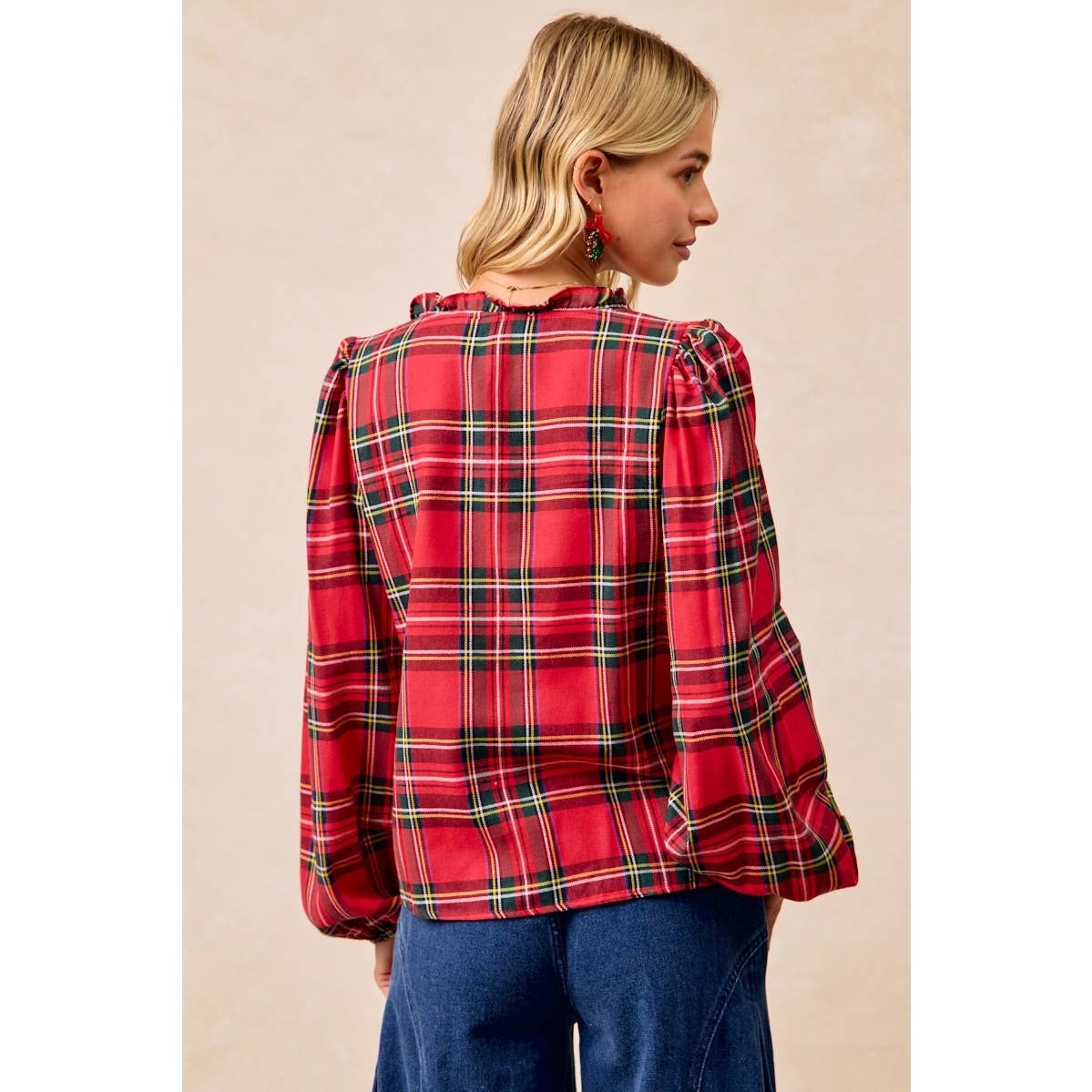 Christmas Plaid Balloon Sleeves Ruffled V-Neck Top