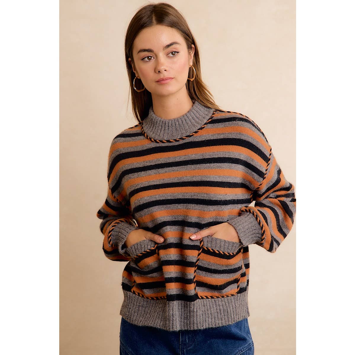Halloween Striped Mock Neck Pocket Sweater