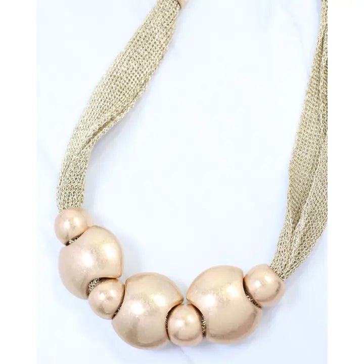 Woodstock Mesh Beaded Necklace Worn Gold