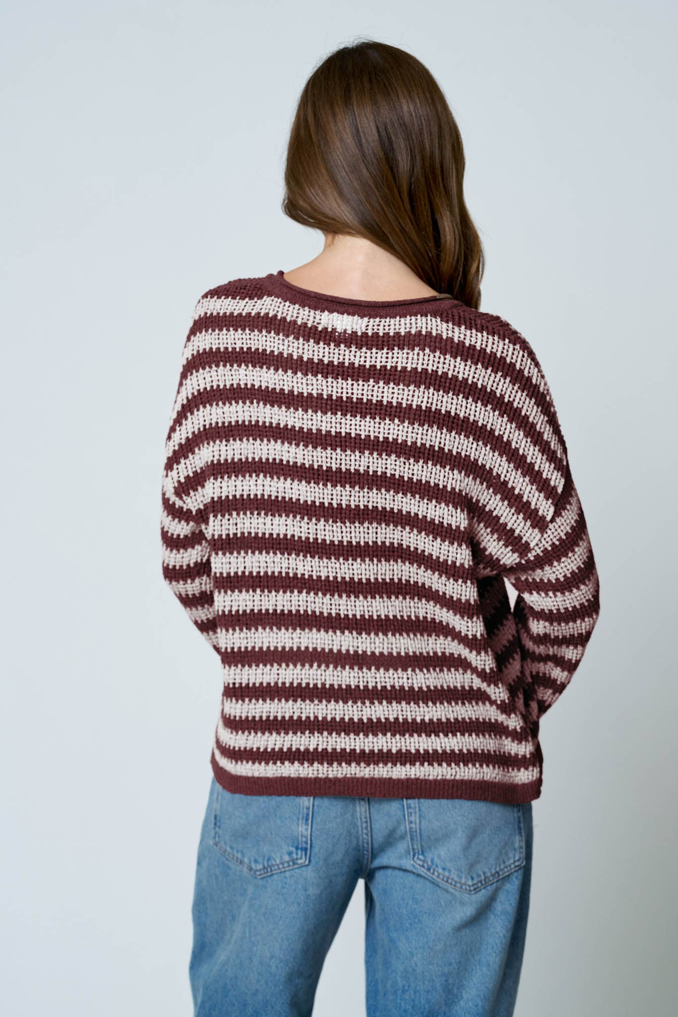 STRIPE RAW EDGE SPLIT NECK SWEATER