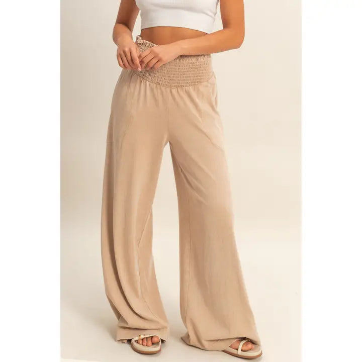 Mineral Washed Wide-Leg Smocked Waist Pants