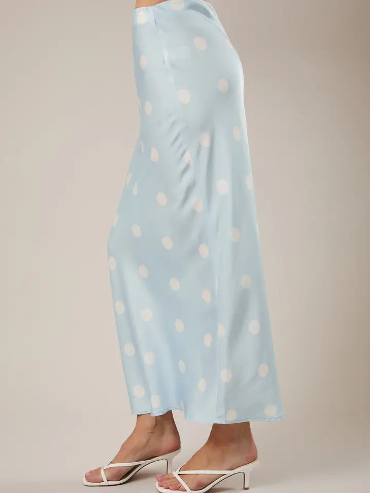 Satin Midi Skirt with Elastic Waist in Polka Dot