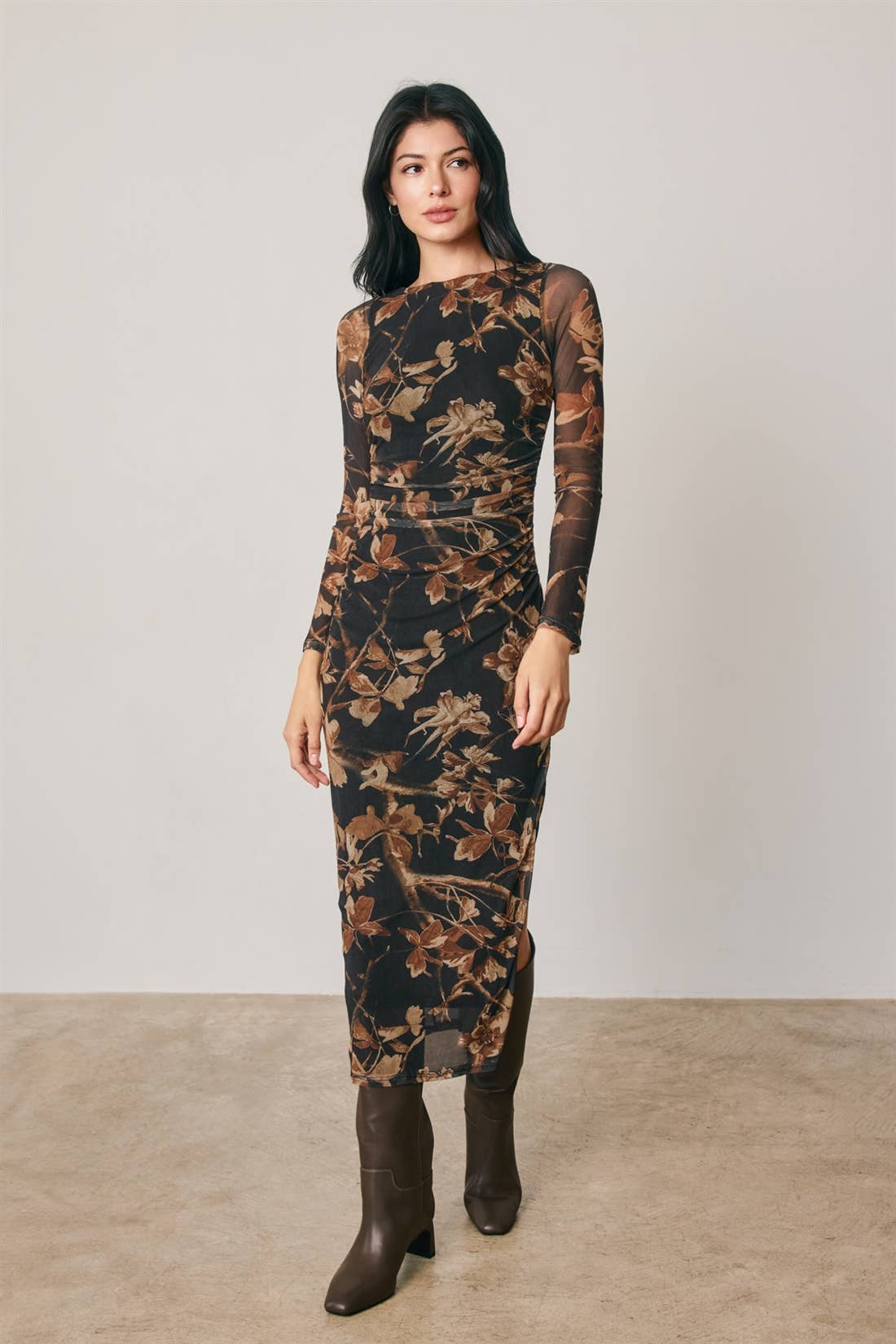 Floral Mesh Ruched Midi Dress