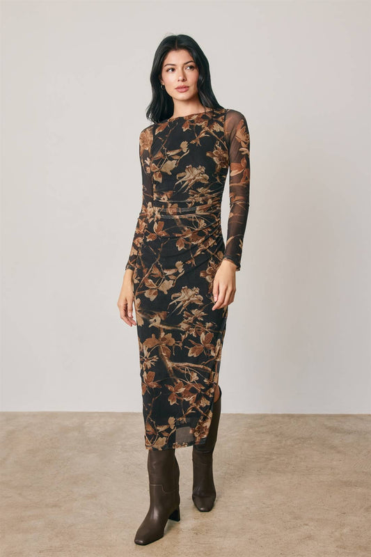 Floral Mesh Ruched Midi Dress