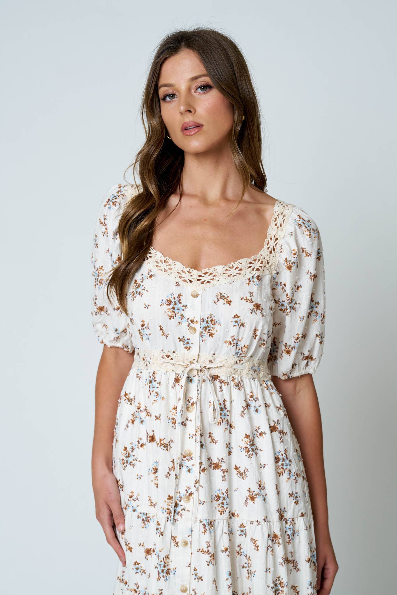 FLORAL CLIP DOT CROCHET LACE TRIM MIDI DRESS