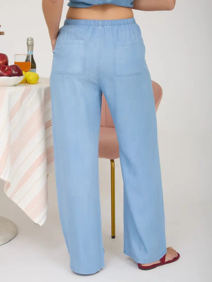 Chambray Drawstring Wide Leg Lounge Pants
