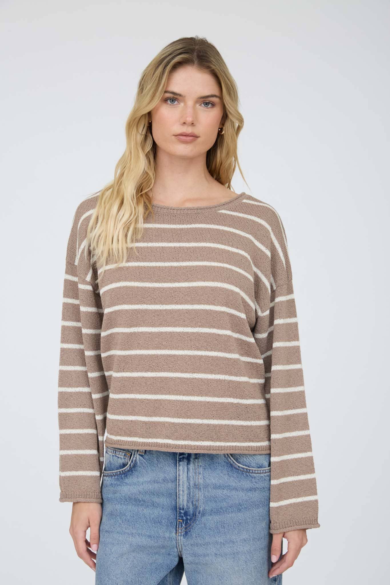 STRIPE TEXTURED RAW EDGE LONG SLEEVE KNIT SWEATER-BACKORDER