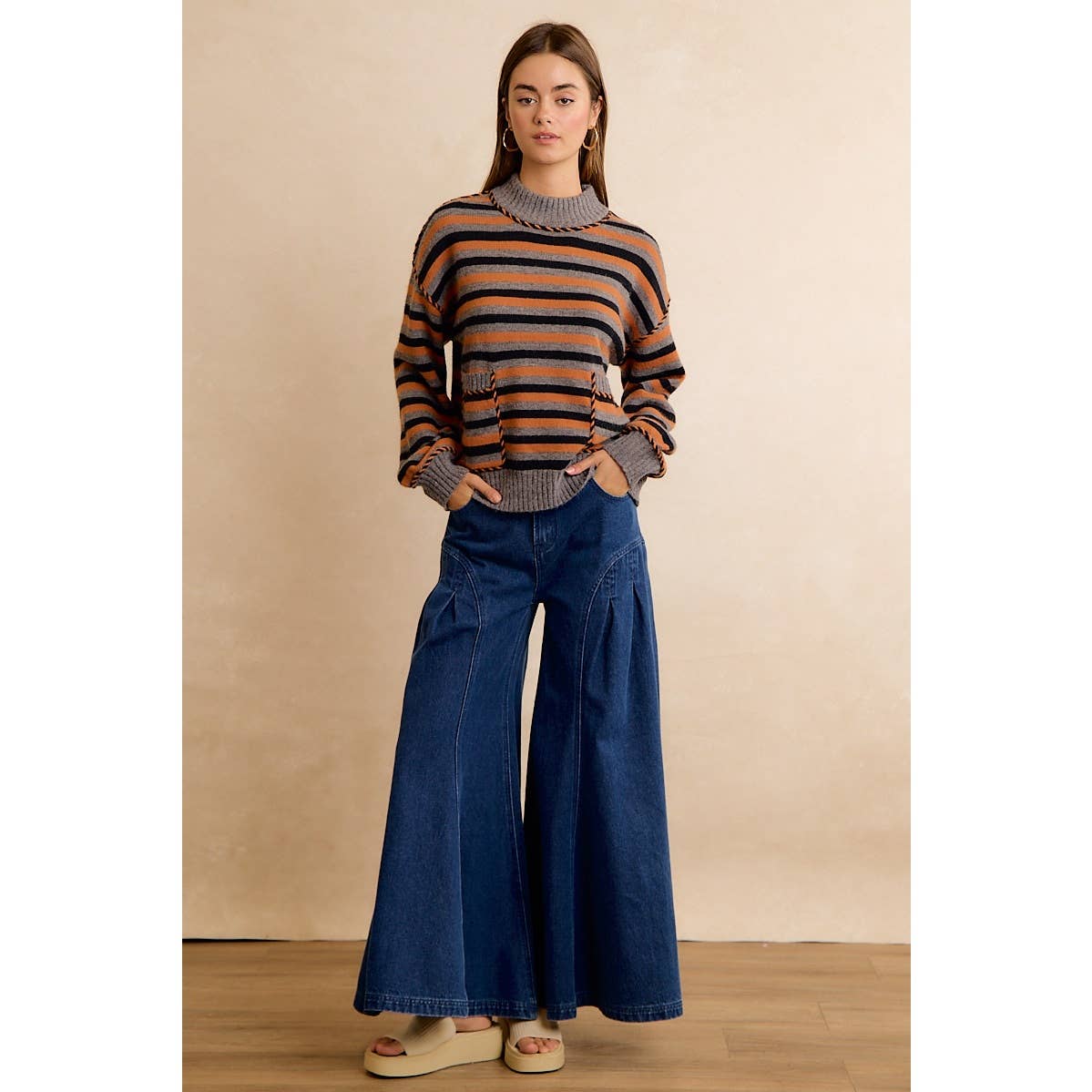 Halloween Striped Mock Neck Pocket Sweater