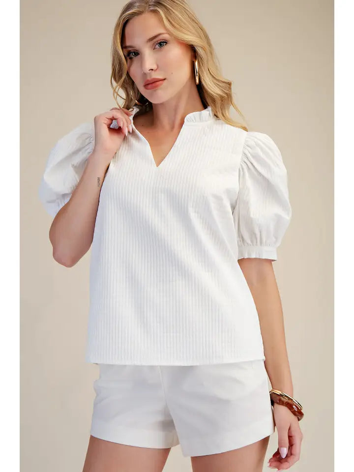 Ruffle V-Neck Puff Sleeve Top